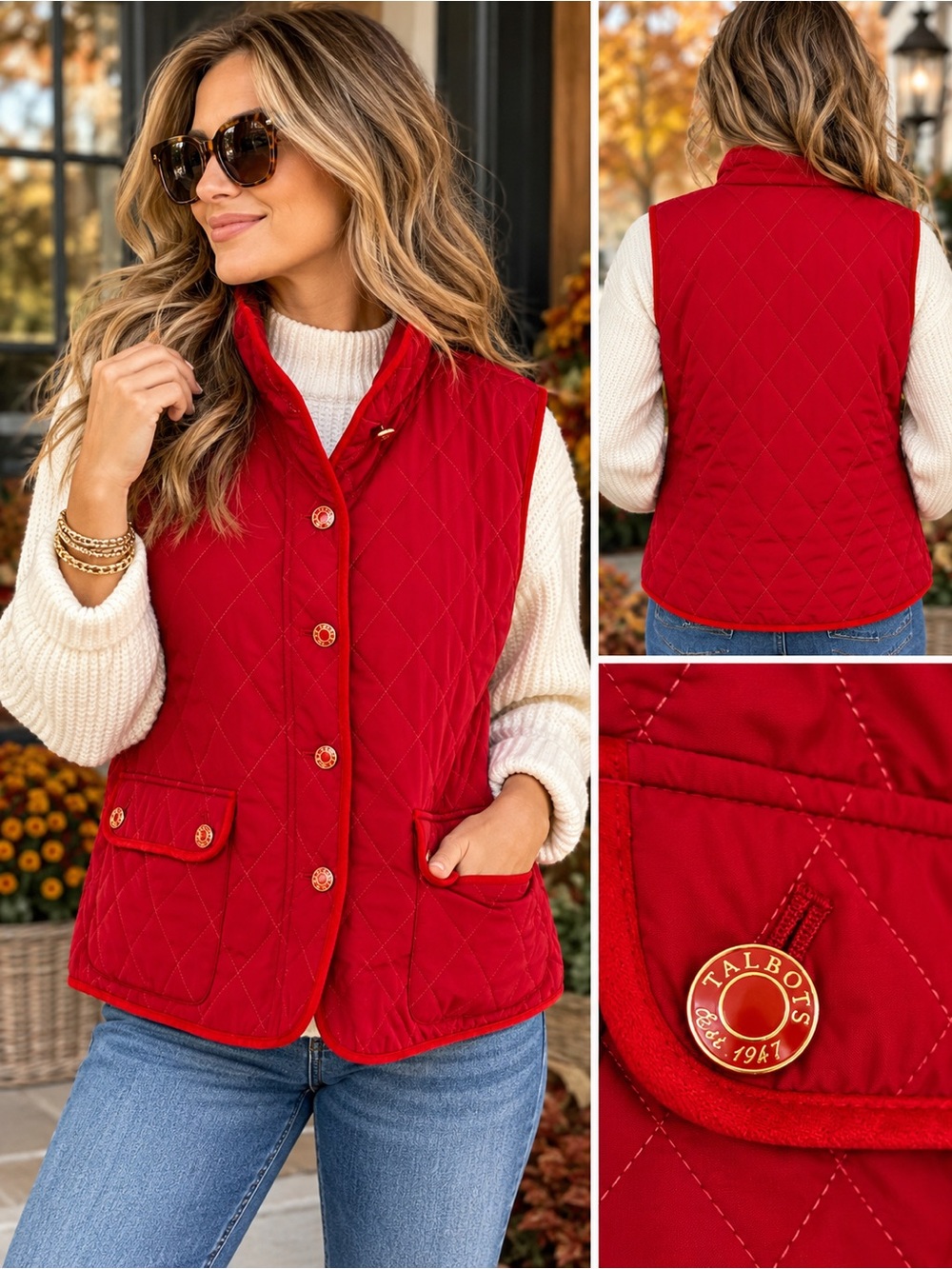 Talbots Red Quilted Vest XL Gold Logo Buttons Fleece Lined Preppy Equestrian